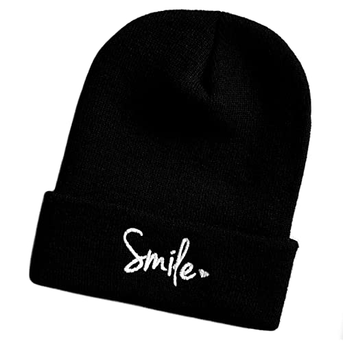 Schnoschi Schwarze Mütze/Strickmütze mit Smile Spruch Bestickt für Damen, Herren, Jugendliche und Kinder, Beanie Wollmütze Hip Hop Wintermütze Rollmütze Streetwear Unisex OneSize von Schnoschi