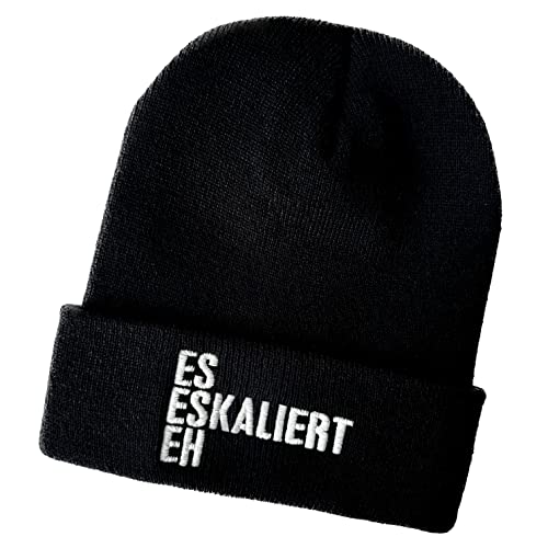 Schnoschi Schwarze Mütze/Strickmütze mit es eskaliert eh Spruch Bestickt für Damen, Herren, Jugendliche und Kinder, Beanie Wollmütze Hip Hop Wintermütze Rollmütze Streetwear Unisex OneSize von Schnoschi