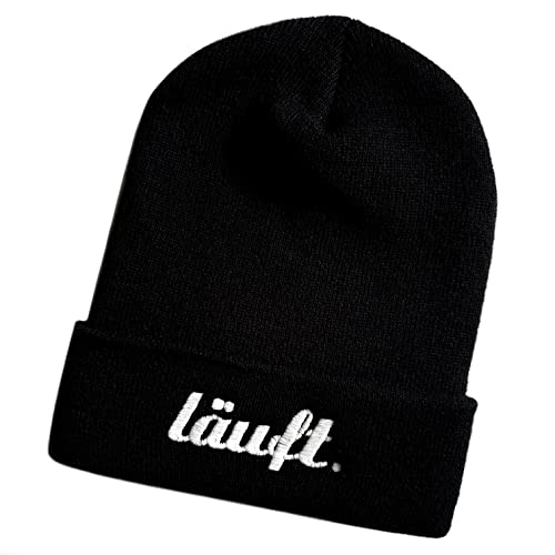 Schnoschi Schwarze Mütze/Strickmütze mit läuft Spruch Bestickt für Damen, Herren, Jugendliche und Kinder, Beanie Wollmütze Hip Hop Wintermütze Rollmütze Streetwear Unisex OneSize von Schnoschi