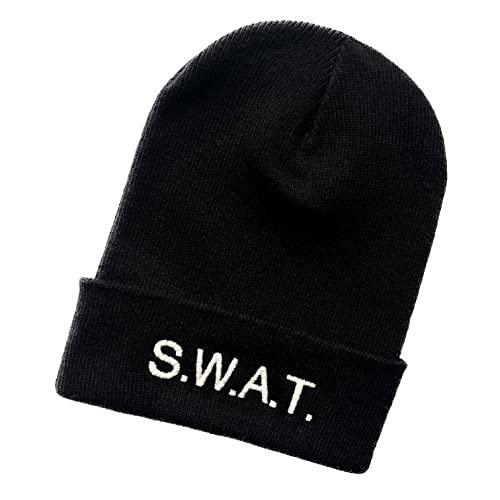 Schnoschi Schwarze Strickmütze mit breitem Umschlag (Beanie Mütze) mit SWAT Bestickt für Herren, Damen, Jugendliche und Kinder von Schnoschi