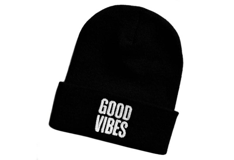 Schnoschi Strickmütze Wintermütze Good Vibes Beanie Mütze bestickt Spruch Streetwear Unisex mit breitem Umschlag von Schnoschi