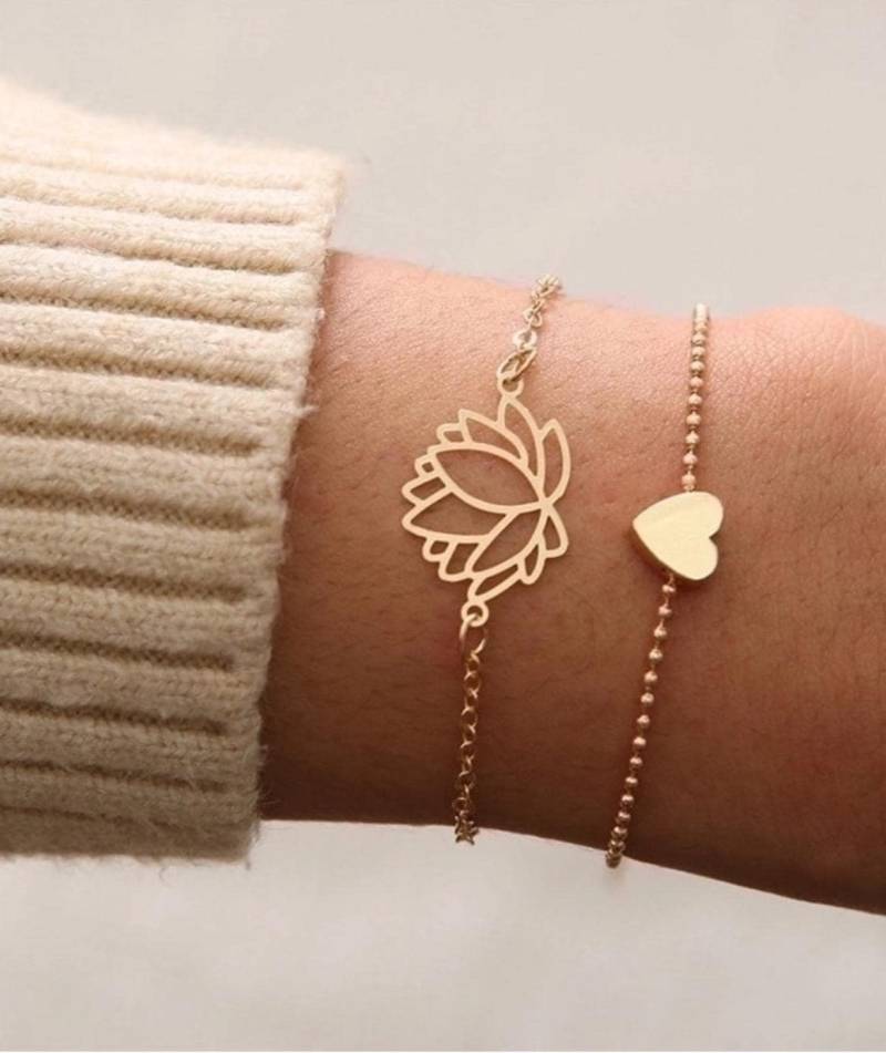 Set Armband Lotusblume Und Herz in Gold Aus Rostfreiem Edelstahl von SchnuerchenZauber