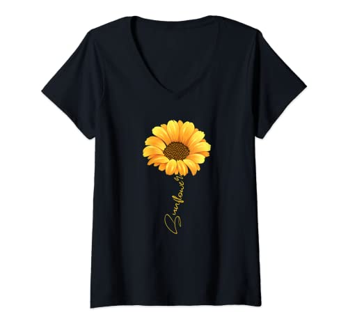 Damen Schöne Sonnenblume mit Schrift Sunflower Shirt für Damen T-Shirt mit V-Ausschnitt von Schöne Witzige Sonnen Blumen Sonnenblumen Kunst