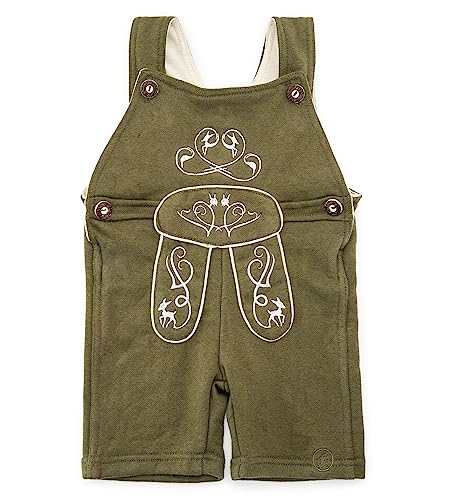 Baby Trachten Latzhose – Kinder Lederhose aus Terry-Fleece mit Stickereien – Strampler - Overall Trachtenhose Joni (50-56, Olive/grün) von Schöneberger Trachten Couture