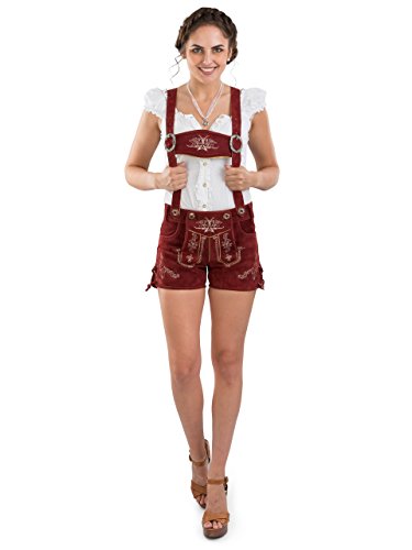 Damen Lederhose kurz - Trachtenlederhose Bergrose - Trachtenhose Hotpants mit Hosenträger (32, rot) von Schöneberger Trachten Couture