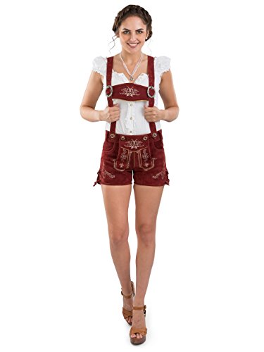 Damen Lederhose kurz - Trachtenlederhose Bergrose - Trachtenhose Hotpants mit Hosenträger (40, rot) von Schöneberger Trachten Couture