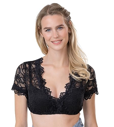 Damen Dirndlbluse aus Spitze Kurzarm schwarz - Elegante Stretch Dirndl Bluse Teil-transparent Thea (schwarz, 36) von Schöneberger Trachten Couture