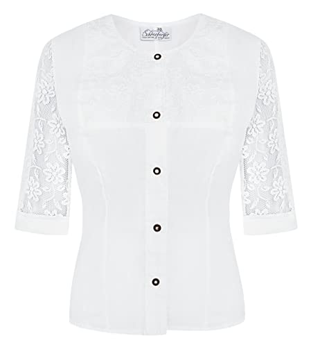 Damen Trachtenbluse Weiss mit Spitze halbarm - Damen Dirndl Bluse leicht tailliert mit transparenten Ärmeln - Trachten Bluse Verena (32) von Schöneberger Trachten Couture