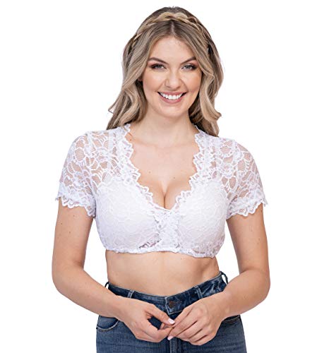 Schöneberger Trachten Couture Damen Dirndlbluse aus Spitze Kurzarm weiß – Elegante, Exklusive Dirndl Bluse Teil-transparent für Oktoberfest, V-Ausschnitt Thea (42, Weiss) von Schöneberger Trachten Couture