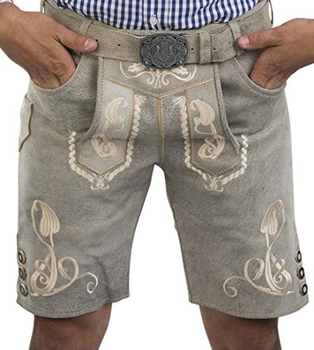 Herren Bergkristall helle/graue Lederhose kurz - inkl. Wappen Trachtengürtel - Trachten Lederhose Vintage mit Gürtel (46, grau) von Schöneberger Trachten Couture