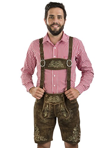 Schöneberger Trachten Couture Herren Trachtenlederhose braunes Leder - grüne Stickereien - Klassische Lederhose inkl. Hosenträger für Oktoberfest Herbstlaub (46) von Schöneberger Trachten Couture