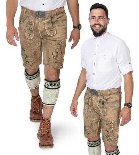 Herren Trachten Lederhose kurz mit Trachtengürtel - Original Wildbock Trachtenhose für Oktoberfest, Trachtenlederhose Sand gespeckt Vinzenz (60) von Schöneberger Trachten Couture
