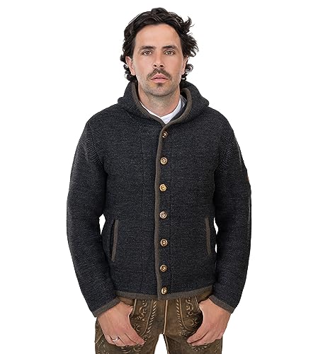 Herren Trachtenjacke mit Kapuze – Trachten-Strick-Jacke aus Wolle – Hoodie Strickjacke Grau/Anthrazit Cardigan - Arvid (L) von Schöneberger Trachten Couture