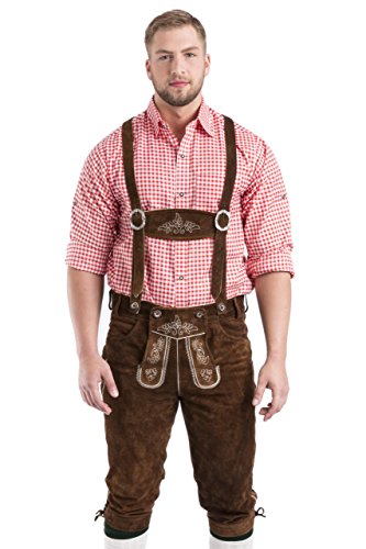 Herren Wildalpen Trachtenlederhosen - Kniebundlederhose mit Trägern - Trachten Lederhose in Oktoberfest Hose, braun oder Dunkelbraun Gr. 46-64 (48, mittelbraun) von Schöneberger Trachten Couture