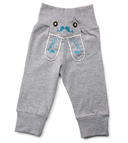 Schöneberger Trachten Couture Baby Stoffhose im Lederhosen Design – Babyhose mit elastischem Bund – Pumphose Kinderhose Bockkitz (50/56, Hellgrau) von Schöneberger Trachten Couture