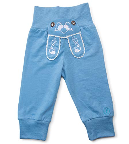 Schöneberger Trachten Couture Baby Stoffhose im Lederhosen Design – Babyhose mit elastischem Bund – Pumphose Kinderhose Bockkitz (98/104, Hellblau) von Schöneberger Trachten Couture