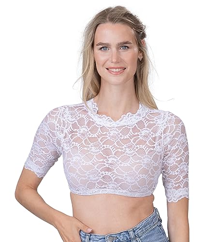 Schöneberger Trachten Couture Damen Dirndlbluse hochgeschlossen aus Teil-transparenter Spitze – weiße Stretch-Dirndl-Bluse Lene (38) von Schöneberger Trachten Couture