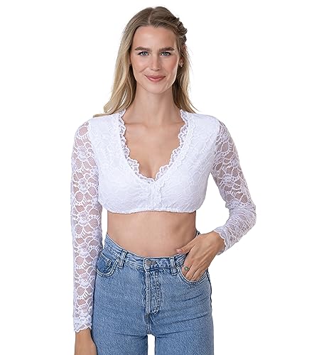 Schöneberger Trachten Couture Dirndlbluse aus Spitze Weiss & Teil-transparent - Exklusive Damen Langarm Dirndl Bluse Jara (32) von Schöneberger Trachten Couture