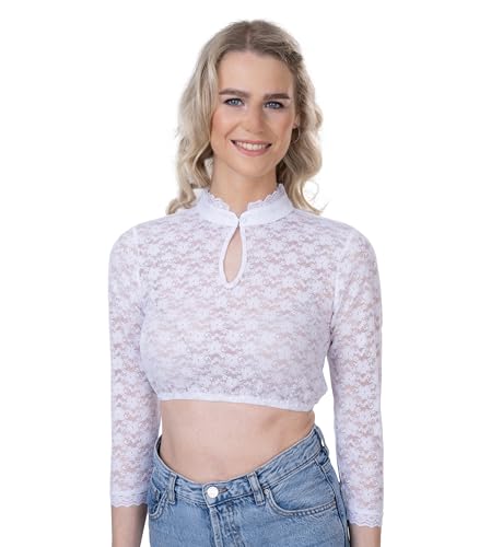 Schöneberger Trachten Couture Dirndlbluse hochgeschlossen aus Spitze und Stehkragen - Damen Dirndl Bluse Langarm weiß für Oktoberfest, Paula (34) von Schöneberger Trachten Couture