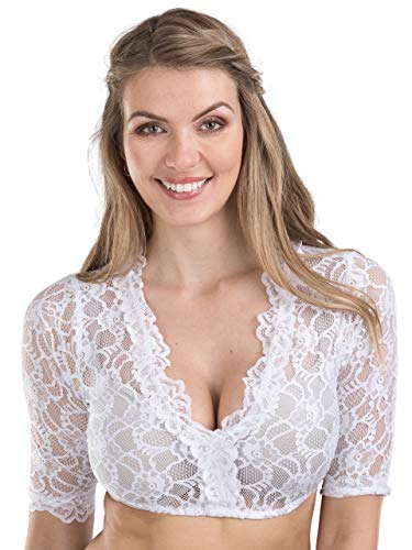 Schöneberger Trachten Couture Damen Dirndlbluse aus Spitze Weiss - Elegante, Exklusive halbarm Damen Dirndl Bluse - Stretch Trachtenbluse Windrose (46,Weiss) von Schöneberger Trachten Couture