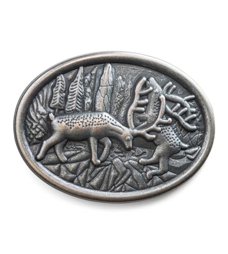 Schöneberger Trachten Couture Gürtelschnalle Hirsch & Wappen, Wechselschließe für 40mm Gürtel - Lederhosen Trachtenschnalle Bayern für Trachtengürtel (Hirschbrunft/Silber-Antik) von Schöneberger Trachten Couture