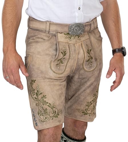 Schöneberger Trachten Couture Herren Lederhose kurz, Original Antik Wildbock Trachtenhose für Oktoberfest, grüne Stickereien und Trachtengürtel Franz (52) von Schöneberger Trachten Couture