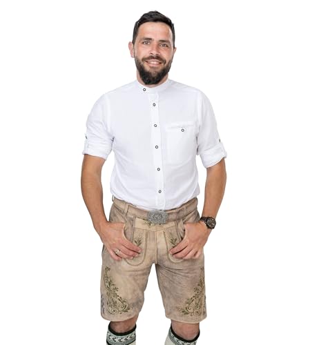 Schöneberger Trachten Couture Herren Lederhose kurz, Original Antik Wildbock Trachtenhose für Oktoberfest, grüne Stickereien und Trachtengürtel Franz (54) von Schöneberger Trachten Couture