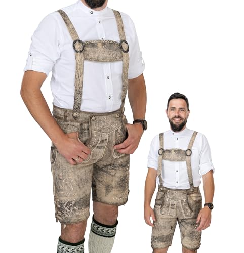 Schöneberger Trachten Couture Herren Lederhose kurz Antik mit Hosenträger, Trachtenlederhose für Oktoberfest, Original Nubuk-Leder Trachtenhose grau-braun Stephan (46) von Schöneberger Trachten Couture