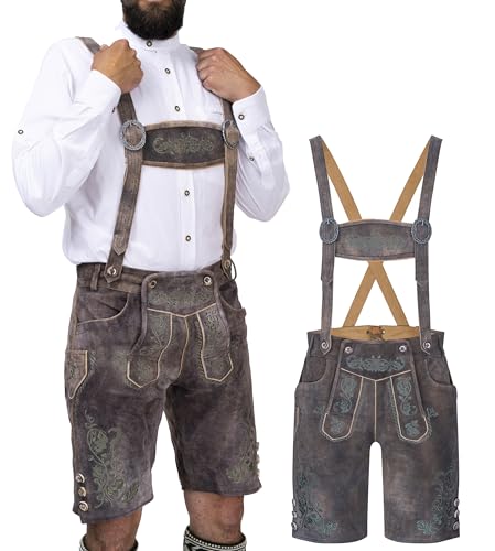 Schöneberger Trachten Couture Herren Lederhose kurz mit Hosenträger, Traditionelle bayerische Trachtenhose für Oktoberfest aus Original Nubukleder braun Königssee (52) von Schöneberger Trachten Couture