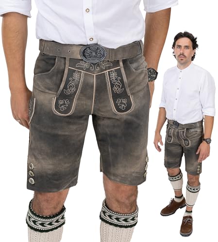 Schöneberger Trachten Couture Herren Lederhose kurz mit Trachtengürtel, Trachtenlederhose braun für Oktoberfest, Trachtenhose Starnberg (48) von Schöneberger Trachten Couture