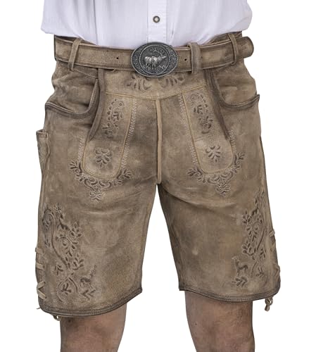Schöneberger Trachten Couture Herren Lederhose kurz mit Trachtengürtel -Traditionelle Antik Trachtenhose für Oktoberfest aus Original Nubukleder (Wildbock,braun, 46) von Schöneberger Trachten Couture