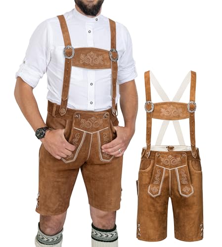 Schöneberger Trachten Couture Herren Lederhose mit Hosenträger – Original Trachtenhose braun, Trachtenlederhose kurz für Oktoberfest Hans (50) von Schöneberger Trachten Couture