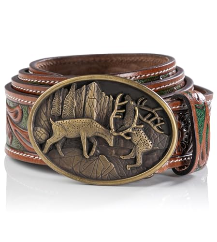 Schöneberger Trachten Couture Herren Trachtengürtel, Unikat Ledergürtel mit Hirsch Schnalle – Leder Gürtel handgefertigt - hand-geschnitzter Lederhosen-Gürtel Ben (BW120 (58-60) von Schöneberger Trachten Couture