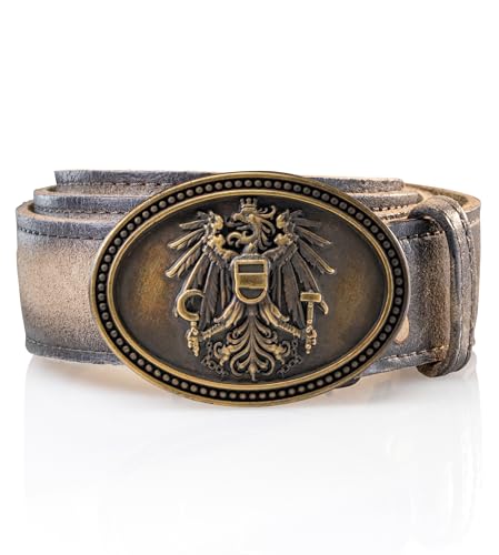 Schöneberger Trachten Couture Herren Trachtengürtel Austria, Lederhosen Gürtel mit Österreich Adler Schnalle, Ledergürtel aus Wildbock-Leder, Falco (Sand-Braun, 46-48) von Schöneberger Trachten Couture
