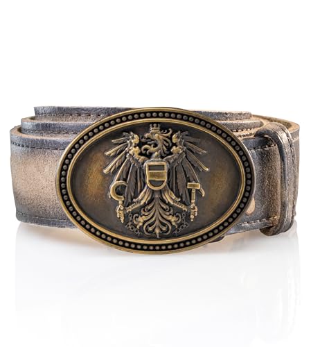 Schöneberger Trachten Couture Herren Trachtengürtel Austria, Lederhosen Gürtel mit Österreich Adler Schnalle, Ledergürtel aus Wildbock-Leder, Falco (Sand-Braun, 50-52) von Schöneberger Trachten Couture