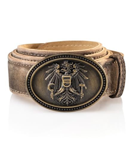 Schöneberger Trachten Couture Herren Trachtengürtel Austria, Lederhosen Gürtel mit Österreich Adler Schnalle, Ledergürtel aus Wildbock-Leder, Falco (Torf-Braun, 46-48) von Schöneberger Trachten Couture