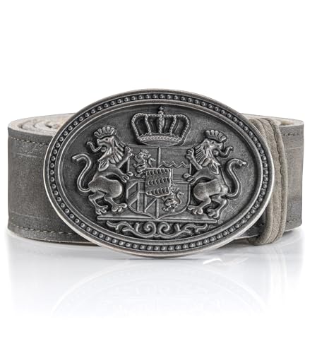 Schöneberger Trachten Couture Herren Trachtengürtel Bergkoppel, Lederhosen Gürtel mit Bayern/Wappen Schnalle, Ledergürtel aus Echt-Leder für Oktoberfest (Rauch-Grau, Bundweite 115 (54-56)) von Schöneberger Trachten Couture
