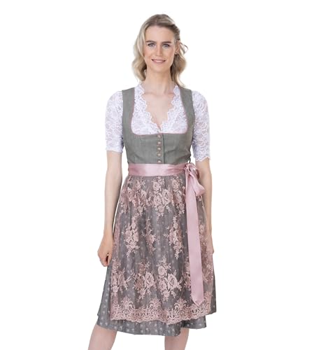 Schöneberger Trachten Dirndl mit Knopfleiste und Spitzen-Schürze – Elegantes Jacquard-Dirndl in Rosa/grau – Midi Damen Dirndl Isabella (34) von Schöneberger Trachten Couture