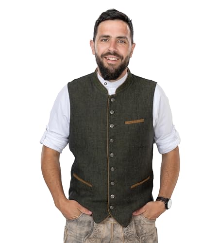 Schöneberger Trachten Herren Trachtenweste Grün-Olive – Vintage Lodenweste für Oktoberfest | Leinen-Weste Lederhose - Trachten-Gilet Hubertus grün (46) von Schöneberger Trachten Couture
