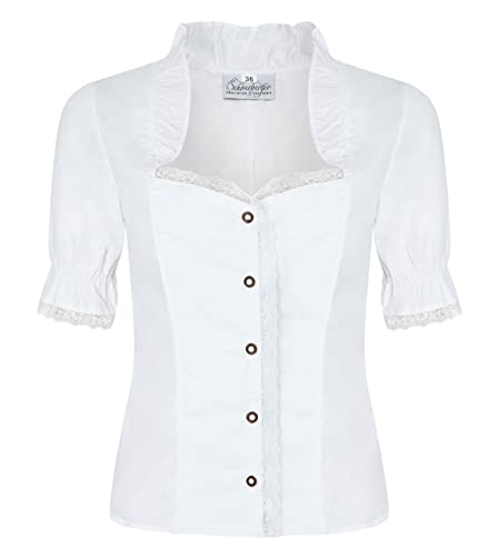 Trachtenbluse Clara Weiss - traditionelle Trachten Bluse mit Stehkragen & Hirschhornknöpfen - Damen Bluse aus Baumwolle Clara (34) von Schöneberger Trachten Couture