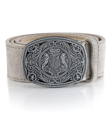 Trachtengürtel Alpenkoppel - Echtleder Gürtel Original Schöneberger Trachten Lederhosen Ledergürtel diverse Modelle (125 cm (Herstellergröße: 60), grau-Antik Wappen) von Schöneberger Trachten Couture