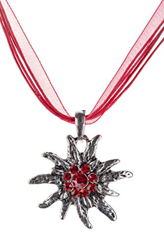 Trachtenkette Edelweiss Trachtenschmuck - Trachten Kette mit feinem Strass in div. Farben - Halskette für Dirndl und Lederhosen (Rot -) von Schöneberger Trachten Couture