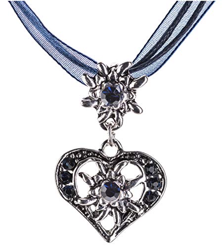 Trachtenkette elegantes Herz mit Strass und Edelweiss Anhänger Trachtenschmuck Kette für Dirndl und Lederhose Damen in vielen Farben (Blau) von Schöneberger Trachten Couture