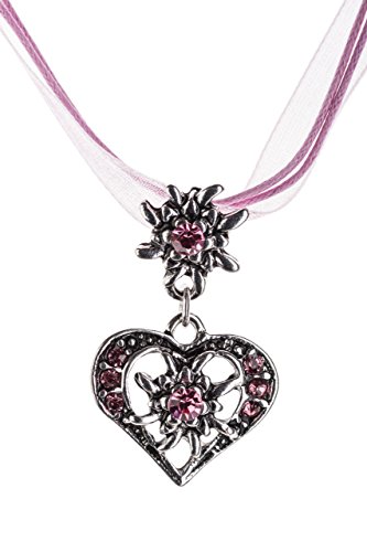Trachtenkette elegantes Herz mit Strass und Edelweiss Anhänger Trachtenschmuck Kette für Dirndl und Lederhose Damen in vielen Farben (Pink) von Schöneberger Trachten Couture