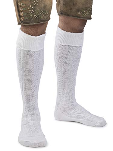 Herren Trachtensocken Klassik im Zopfmuster Design - Stricksocken Kniebund Strümpfe - Männer Trachten Strick-Socken (Weiss, 39-42) von Schöneberger Trachten Couture