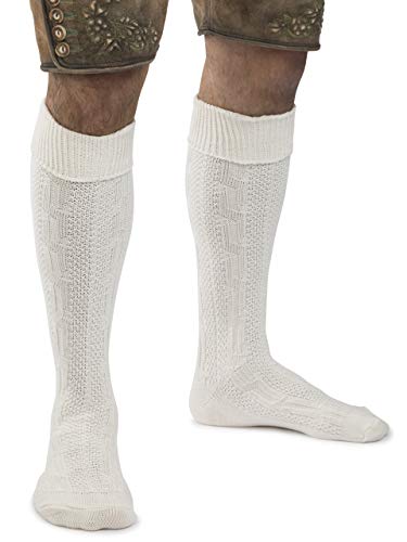 Herren Trachtensocken Klassik im Zopfmuster Design - Stricksocken Kniebund Strümpfe - Männer Trachten Strick-Socken (Beige, 43-46) von Schöneberger Trachten Couture