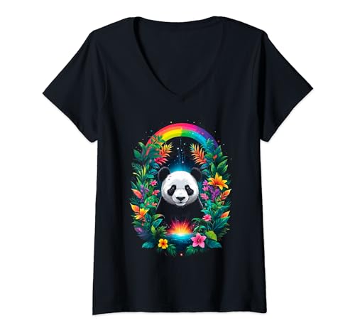 Damen Regenbogen panda T-Shirt mit V-Ausschnitt von Schöner Panda JG