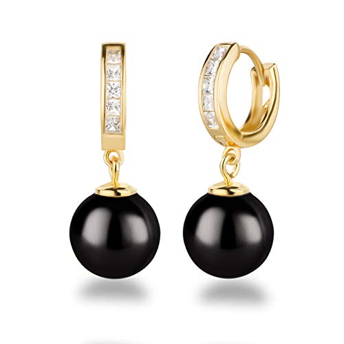 Schöner-SD 925 Silber vergoldet Creolen Ohrhänger mit 10mm Perle Kugel schwarz von Schöner-SD