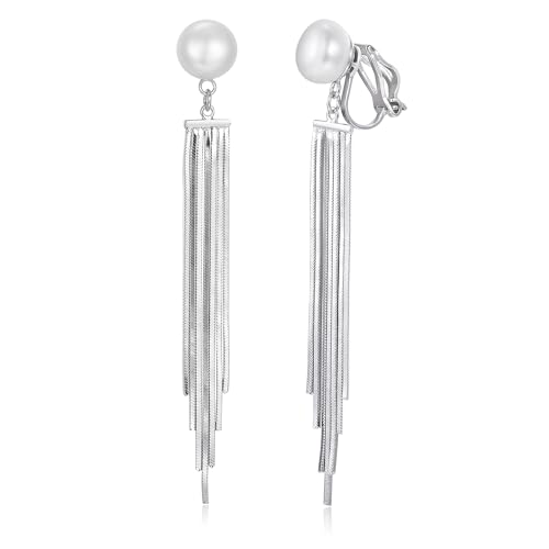 Schöner-SD Ohrclips lang mit Süßwasser- Perlen und hängenden Ketten von Schöner-SD