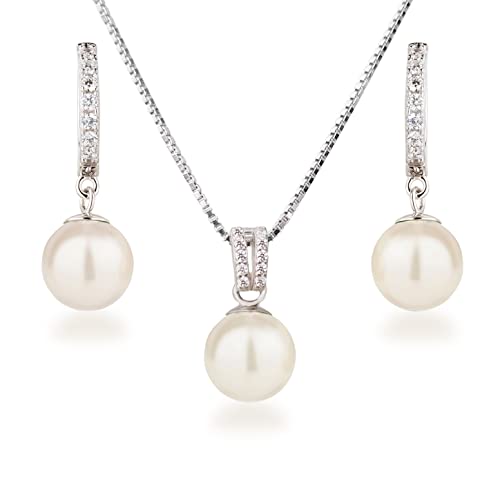 Schöner-SD Perlenset Halskette Creolen-Ohrringe 925 Silber Rhodium creme von Schöner-SD